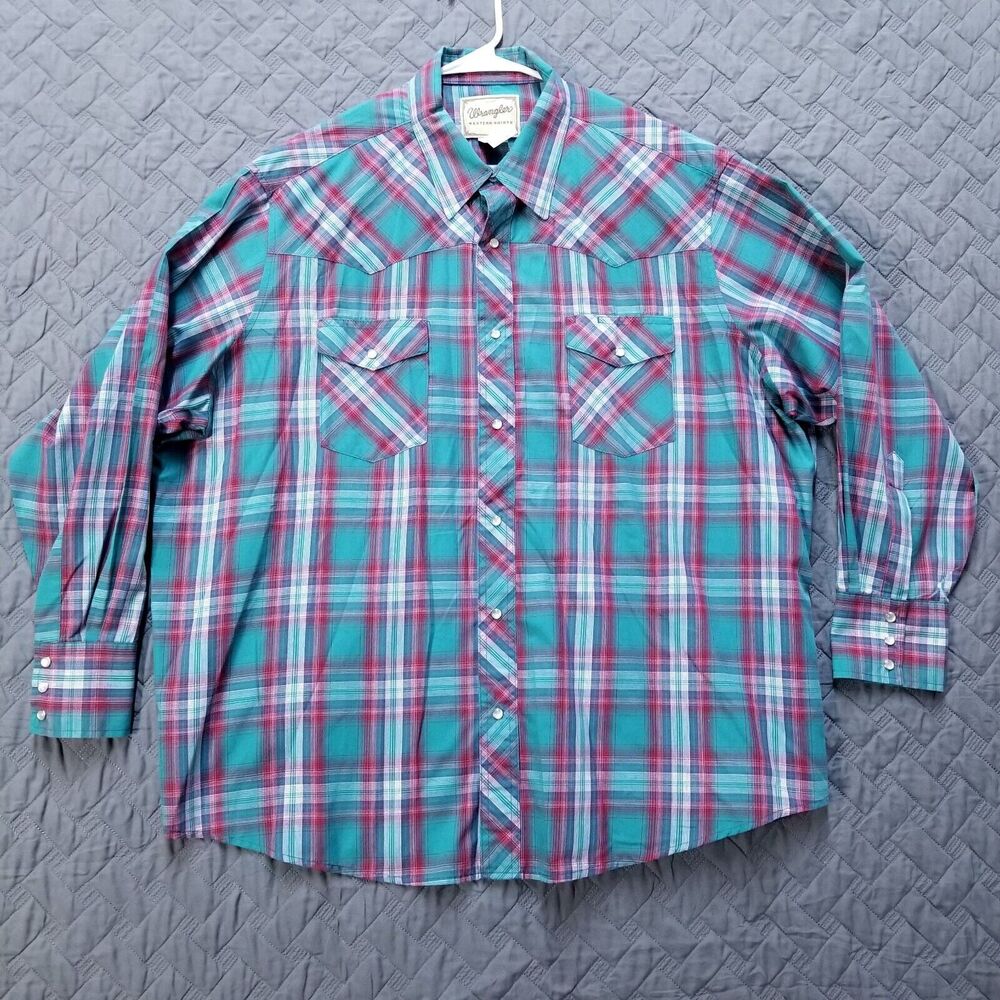 Wrangler Shirt Mens 2XL Green Plaid Western Shirt Pearl Snap Long Sleeve